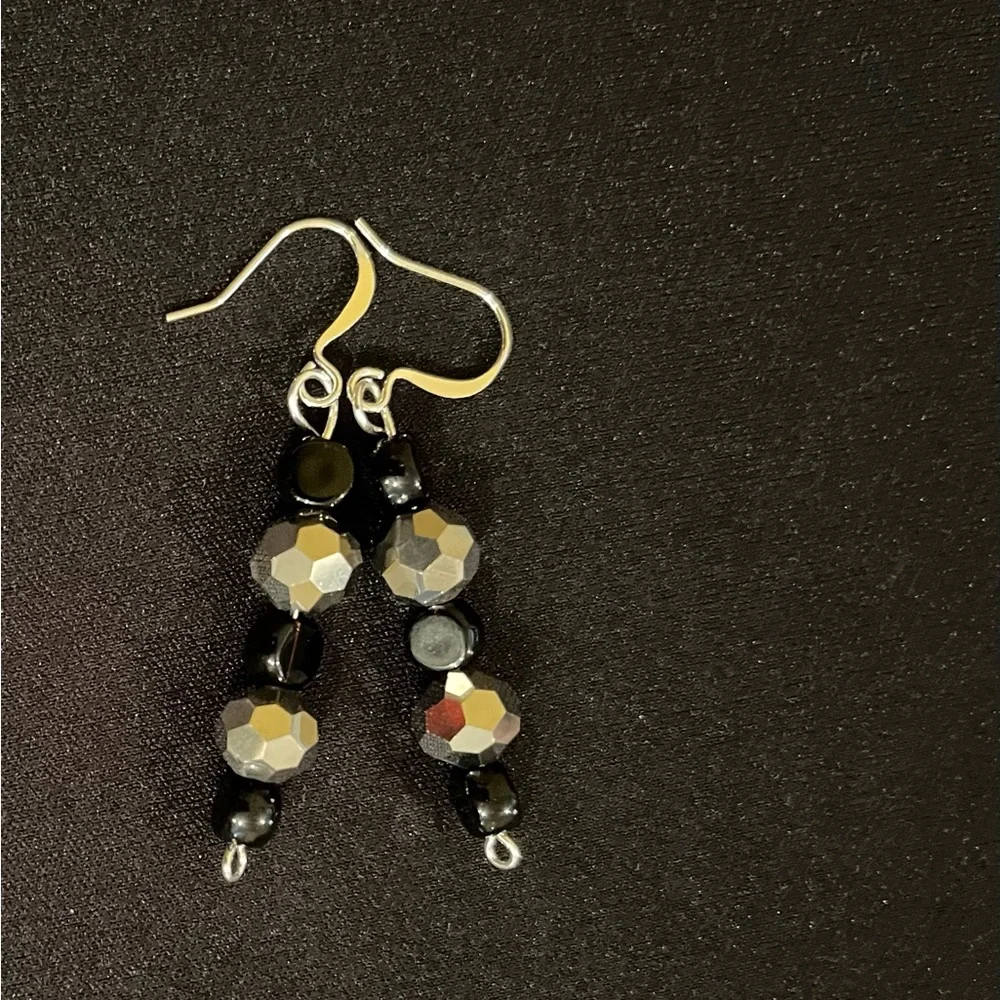 Silver Tone Black & Silver Bead Drop Earrings - Picture 2 of 2